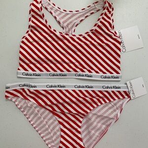 NEW Calvin Klein Red & White Striped Unlined Tank Bralette & Bikini Panty Set XL